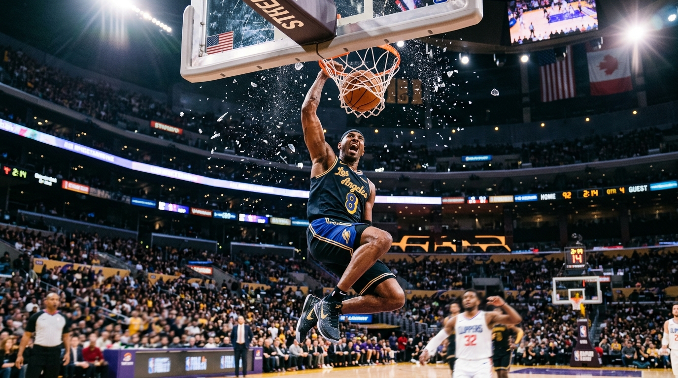 Basketball player rim rocking one handed slam dunk