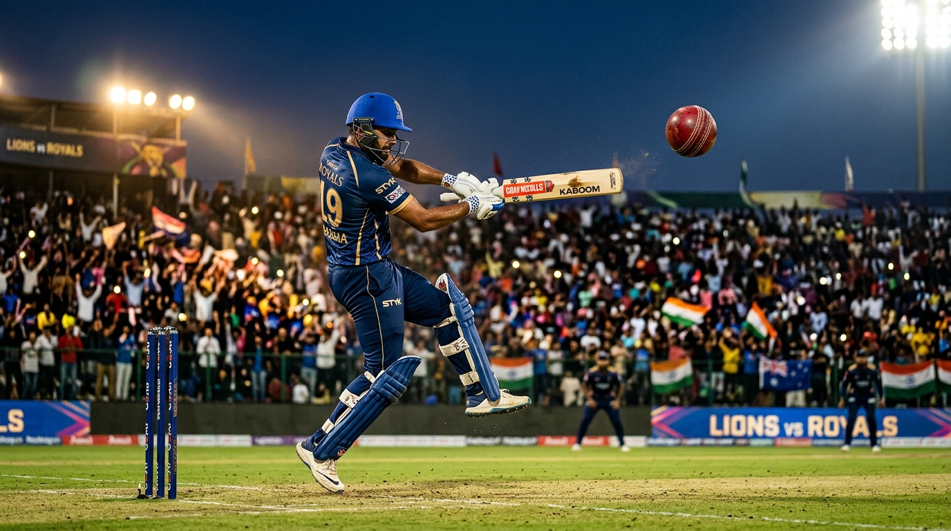 Cricket batsman explosive hook shot under stadium floodlights