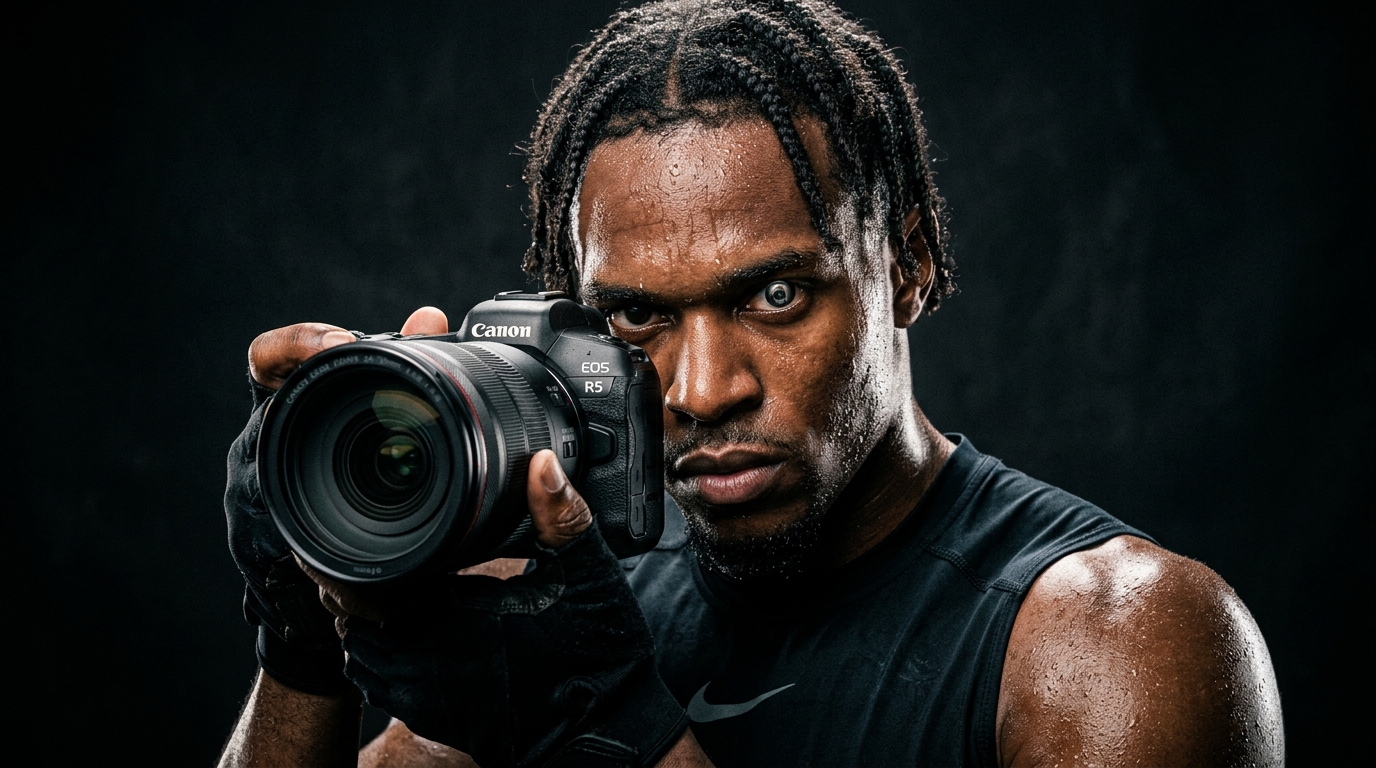 Professional sports photographer in intense focus behind lens